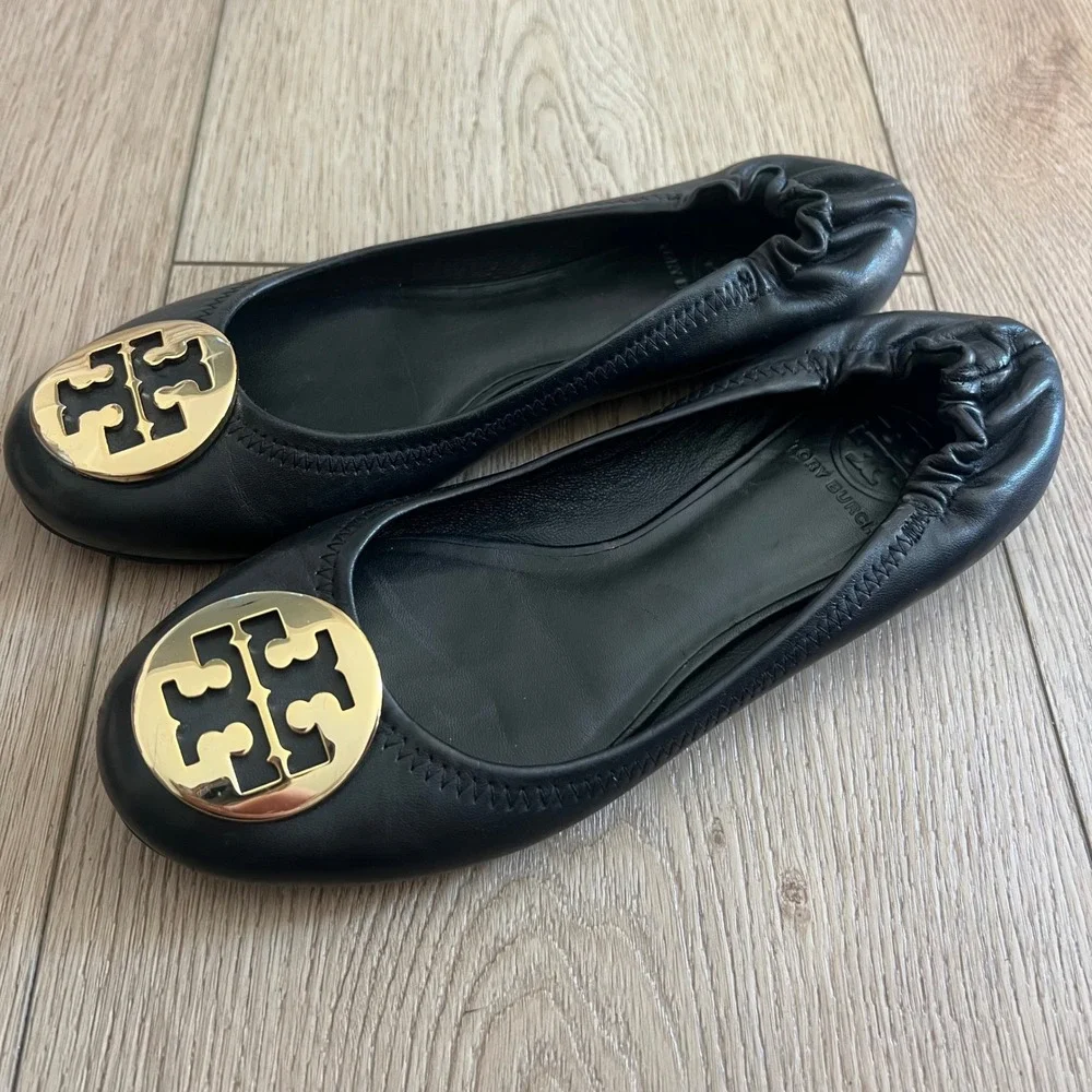 Tory Burch Minnie Travel Ballet Flats Black Leather Gold Logo Women's 6.5M